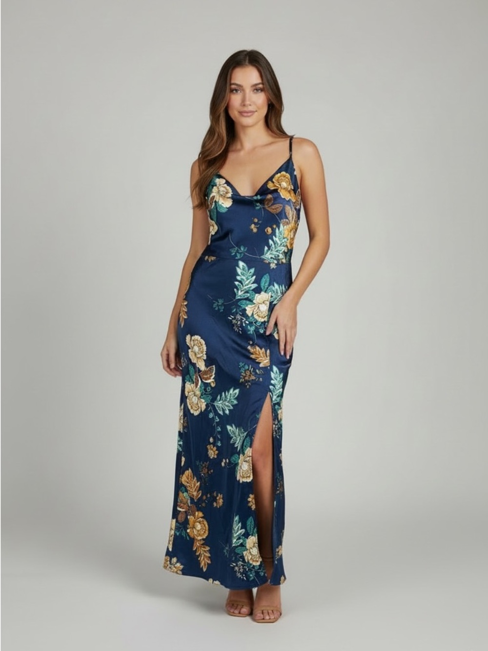 Navy Floral Cowl Neck Maxi Dress with Side Slit